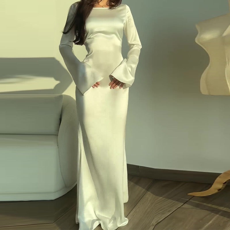 Ivory Long Sleeve Satin Evening Gown